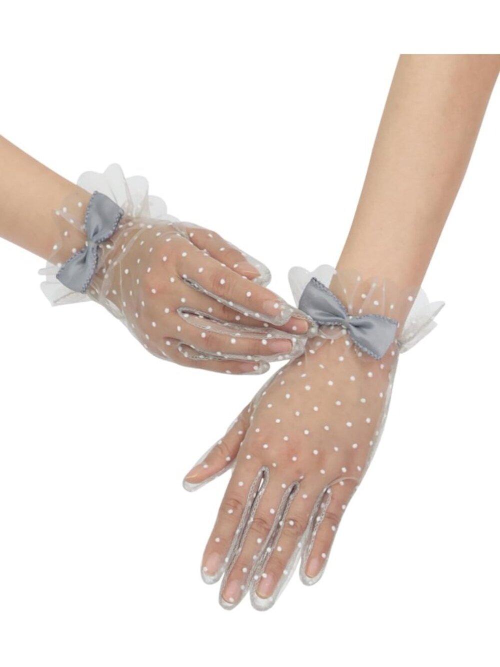 Women's Silver 1920s Cocktail Opera Wrist Length Tulle Short Sheer Mesh Gloves